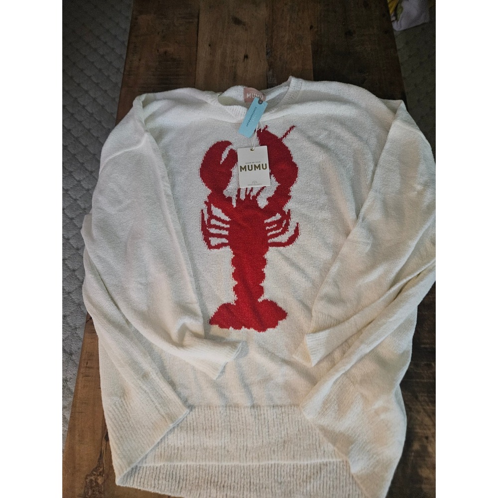 Show Me Your Mumu Anthropologie Lobster Knit Sweater White Red 1X Plus NWT